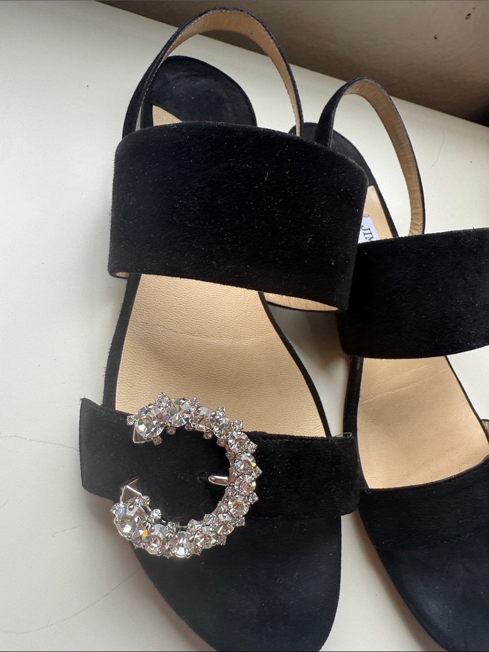 Jimmy Choo Black Saphera flat suede sandals with crystal buckle - Picture 2 of 9